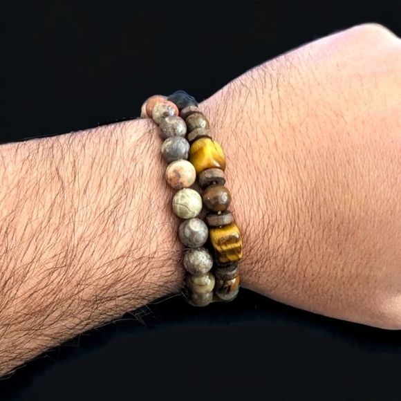 2 Piece Bracelet Stack - Tiger Eye & Picasso Jasper Natural Stones - Picture 2 of 3